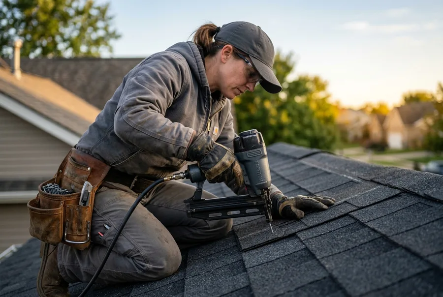 Roof & Nail roofer nailing down new shingles in Olive Branch